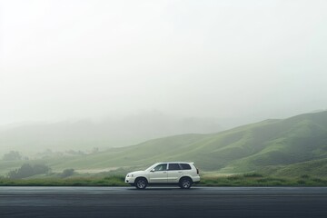 Fototapeta premium White SUV driving foggy mountain road