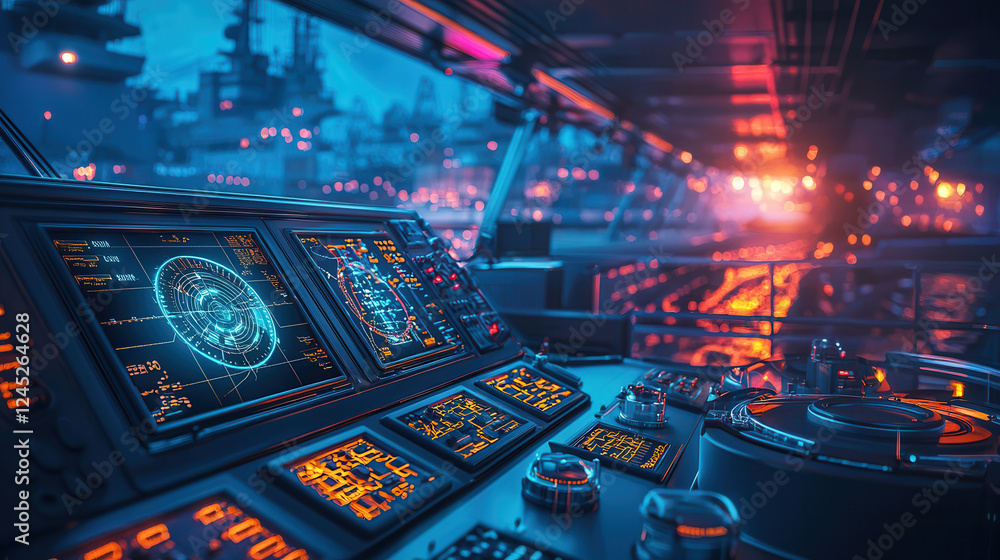 Poster detailed view of ship bridge with advanced navigation screens and controls, illuminated by vibrant b