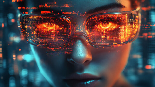 Woman wearing glasses engaged in a futuristic ai-powered content creation process