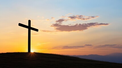 Silhouette of a Cross Against a Vibrant Sunset Sky with Colorful Clouds and Rolling Hills in the Background