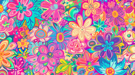 Vibrant and Colorful Floral Pattern Featuring Various Flowers and Leaves on a Bright Background