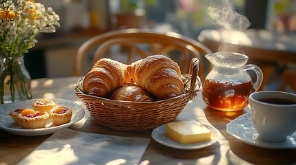 Naklejka premium A French café-style table with a basket of croissants, pain au chocolat, and apricot tarts, surrounded by butter, jam, and a steaming pot of tea, sunlight casting gentle shadows, hd quality,