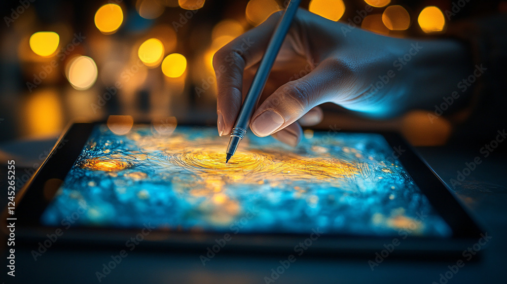 Fototapete person using a pen to draw on a tablet while creating a digital artwork in a soft ambient environmen