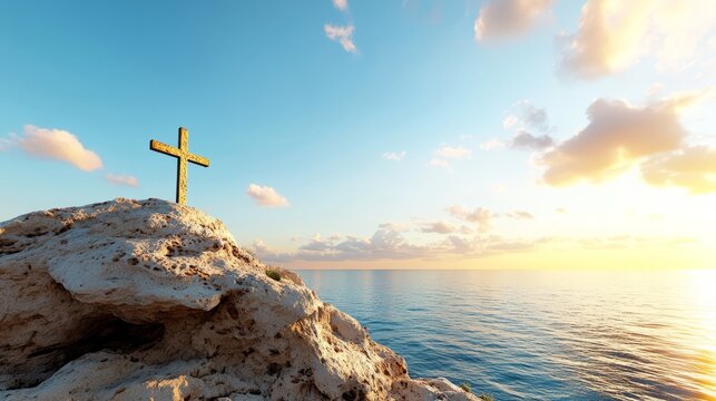 Serene Seascape at Sunrise with Wooden Cross on Rocky Cliff Beside Calm Ocean Under Colorful Sky and Fluffy Clouds