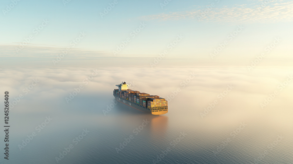 Poster dramatic shot of container ship navigating through heavy fog, creating mysterious atmosphere over ca