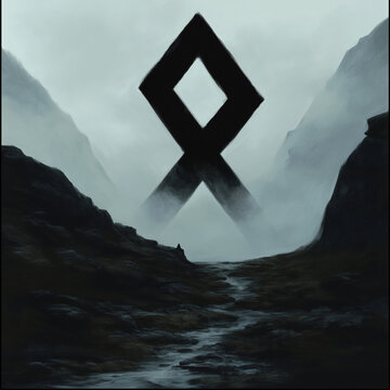 The mystical Othala rune stands tall in misty mountains, evoking mystery