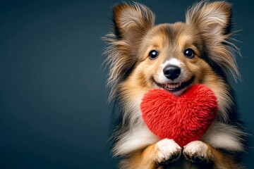 Shetland sheepdog - my desired dog. Ad idea. Cute shetland sheepdog pup with fluffy red heart - emblem of love, funny greeting card. Valentine's dog. February 14 inspiration. Heart and dog.