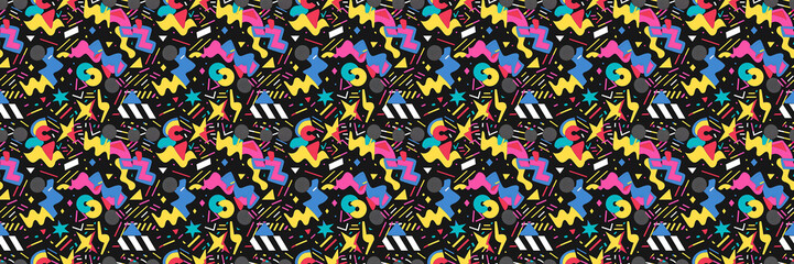 Fototapeta premium Seamless pattern with geometric shapes in the style. Multicolored vintage background with triangles, circles and squares for textile, fabric and Sudanese fabric art.