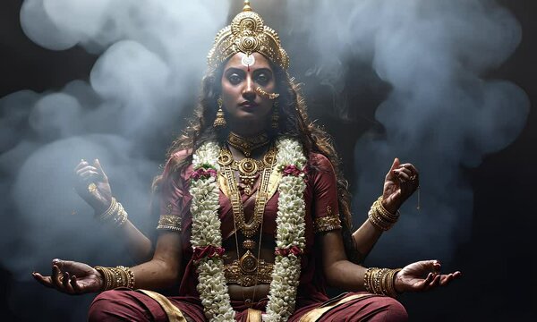Goddess Durga meditation, smoky backdrop, spiritual pose, religious art