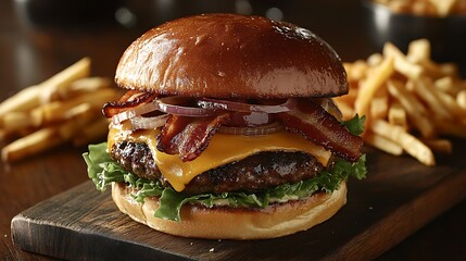 A juicy gourmet burger with a perfectly seared beef patty, melted cheddar cheese, crispy bacon, caramelized onions, and fresh lettuce, sandwiched in a toasted brioche bun,