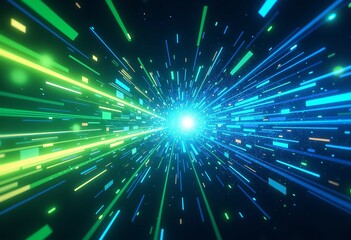 Vibrant Data Transfer Illustration: Blue & Green Background, Streaks of Light, Dynamic Explosion Effect for Digital Transformation

