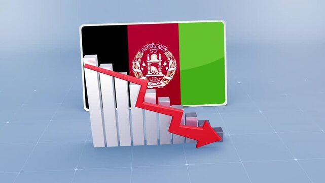 Afghanistan country flag and bar chart graph showing decreasing values a red arrow economic crisis concept. Flag of Afghanistan