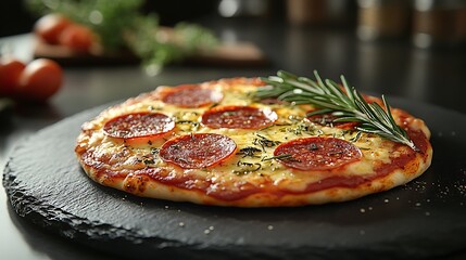 A minimalist pizza presentation with a crisp stone-baked crust, melted mozzarella, pepperoni, and fresh basil, served on a slate plate with a sprig of rosemary,