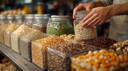 Hands selecting grains in market: oats, corn, beans, seeds in glass containers