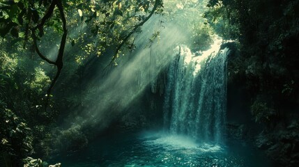 Obraz premium Sunbeams illuminate jungle waterfall, tranquil pool; nature backdrop