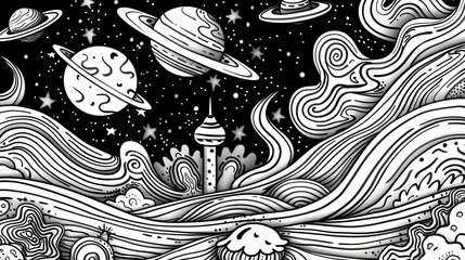 Obraz premium Abstract cosmic scene featuring swirling waves, planets, and a tower under a starry sky