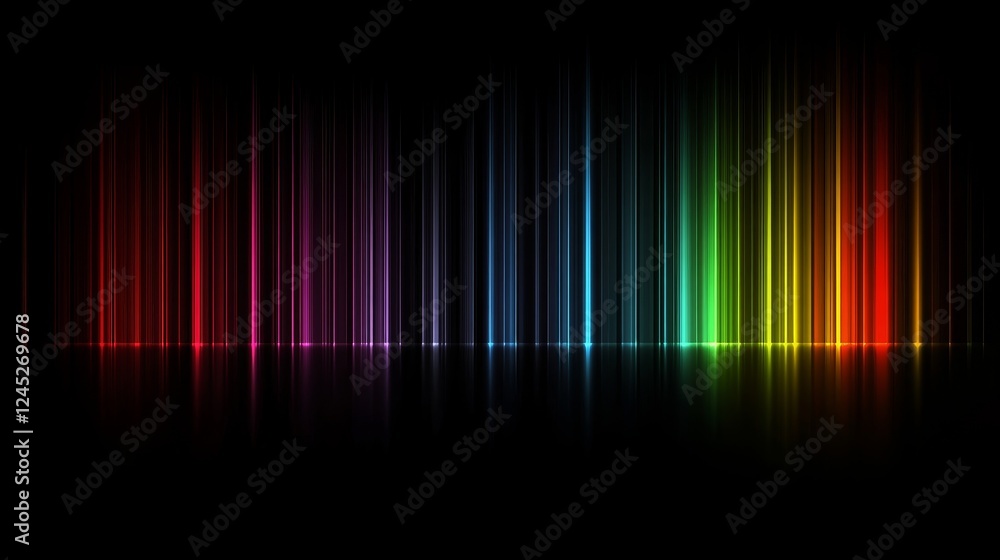 Poster abstract colorful light spectrum on black background with vertical lines and reflections