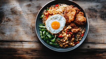 Fried rice, fried chicken, egg, beans, and green beans on a rustic wooden table.