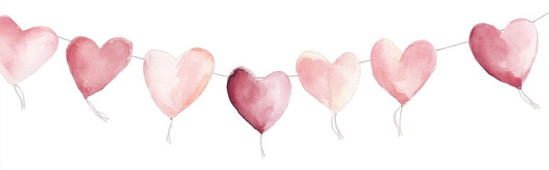 Watercolor heart garland, Valentines, romantic, isolated, white background, wedding decor