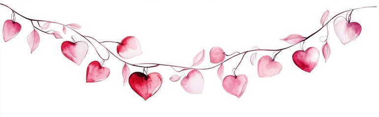 Watercolor hearts vine, romantic branch, white background, Valentine's design