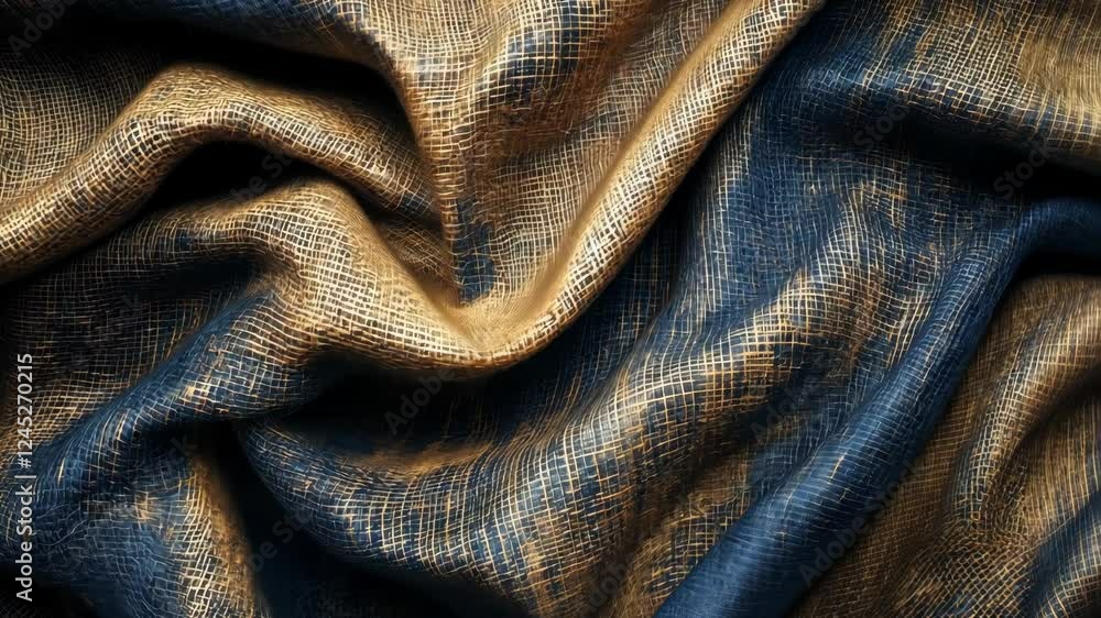 Poster golden blue fabric waves shimmering in light with dynamic texture flow