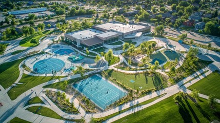 Aerial view of modern community center with sports courts and green spaces