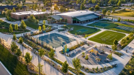 Aerial view of modern recreational park with tennis courts and playground