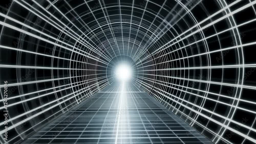 Poster futuristic tunnel with glowing light and grid elements