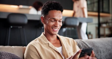 Phone, happy and man on sofa in home with research on mobile app for movie review or rating. Cellphone, relax and male person reading online feedback blog for film, series or show in living room.