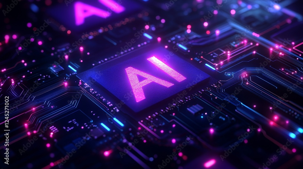 Poster futuristic ai microchip with glowing circuits and neon lights