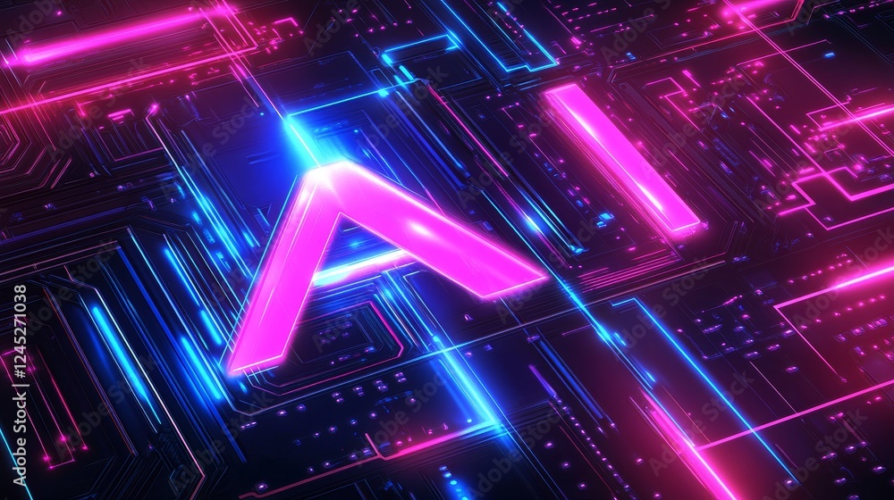 Poster futuristic neon ai circuit design with vibrant colors and glowing patterns