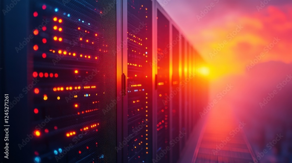 Poster sunset over a data center with illuminated server racks reflecting vibrant colors