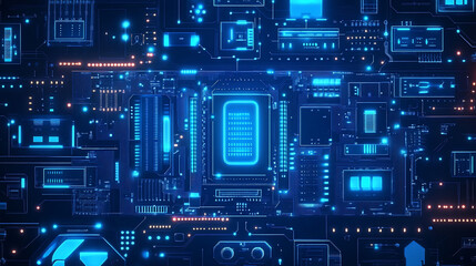 Futuristic digital circuit board with glowing blue components.