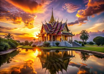 Golden Hour Sunset: Serene Thai Temple Landscape