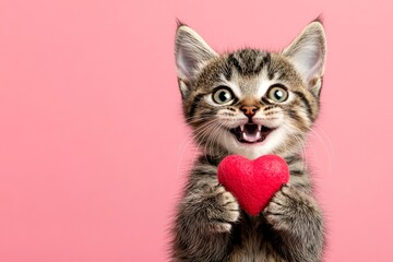 Obraz premium European shorthair - my preferred cat. Marketing concept art pattern idea. Cute european shorthair young cat cub with diamond red heart - emblem of love, funny greeting card. Red ribbon kitten.