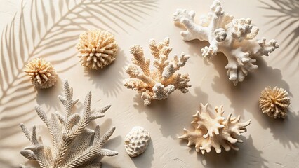 Summer Minimalist Coral Still Life: Beige Background, Palm Shadow, Top View