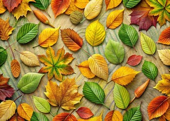 Fototapeta premium Summer Leaf Scattered Texture: Vibrant Green Leaves on Rustic Wooden Background