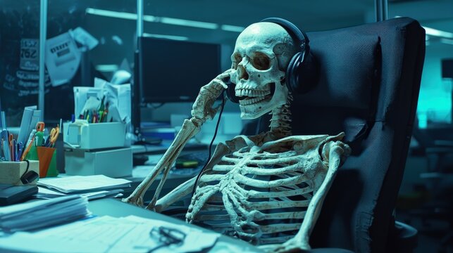 A skeleton sitting in a chair with a headset on, answering calls in a cramped cubicle, papers and office supplies scattered around, lit by professional studio lighting