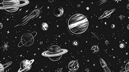 A whimsical illustration of planets and celestial bodies against a black backdrop, showcasing space exploration