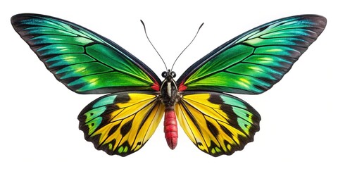 Vibrant Rothschild's Birdwing Butterfly in Flight, Isolated on White Background