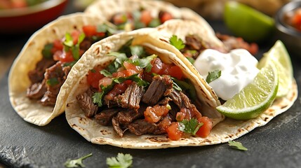 A vibrant taco platter featuring soft tortillas filled with seasoned beef, fresh salsa, guacamole, and sour cream, garnished with cilantro and lime wedges, surrounded by colorful Mexican tableware,