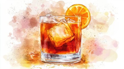 Watercolor Illustration of an Iced Orange Cocktail