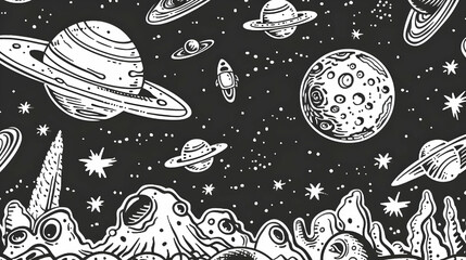 Whimsical black and white illustration of a cosmic landscape with planets and stars