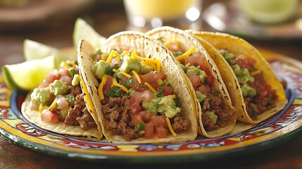 An artistic presentation of tacos with seasoned beef, fresh pico de gallo, creamy guacamole, and a sprinkle of cheddar cheese,
