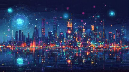 Fototapeta premium Vibrant cityscape at night, reflecting on water, with neon lights and futuristic elements. Ideal for tech, futuristic, or city-themed projects needing a striking visual.
