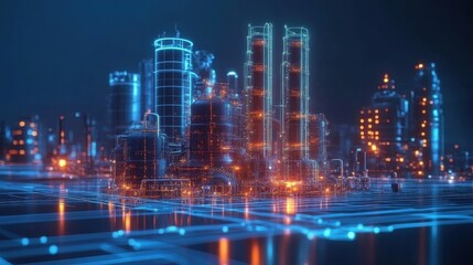 Futuristic digital refinery glowing at night, city backdrop. Illustrates smart factory concept, Industry 4.0.
