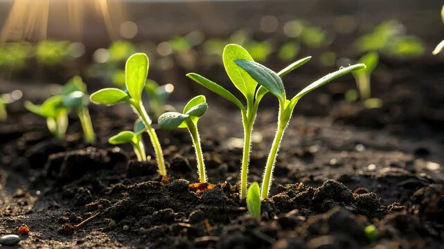 Young shoots grow under the warm rays of the sun