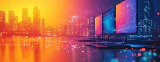 Futuristic Cityscape at Night with glowing computer screens displaying data.