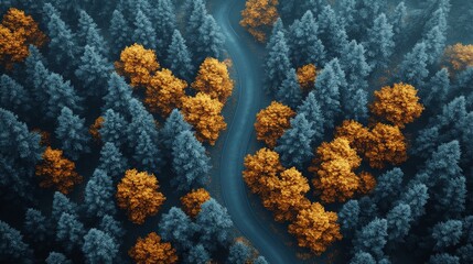 Serene forest road with autumn and evergreen trees in aerial view