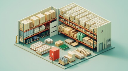 Obraz premium Isometric 3D Warehouse Interior with Shelves, Boxes, and Various Pallet Arrangements